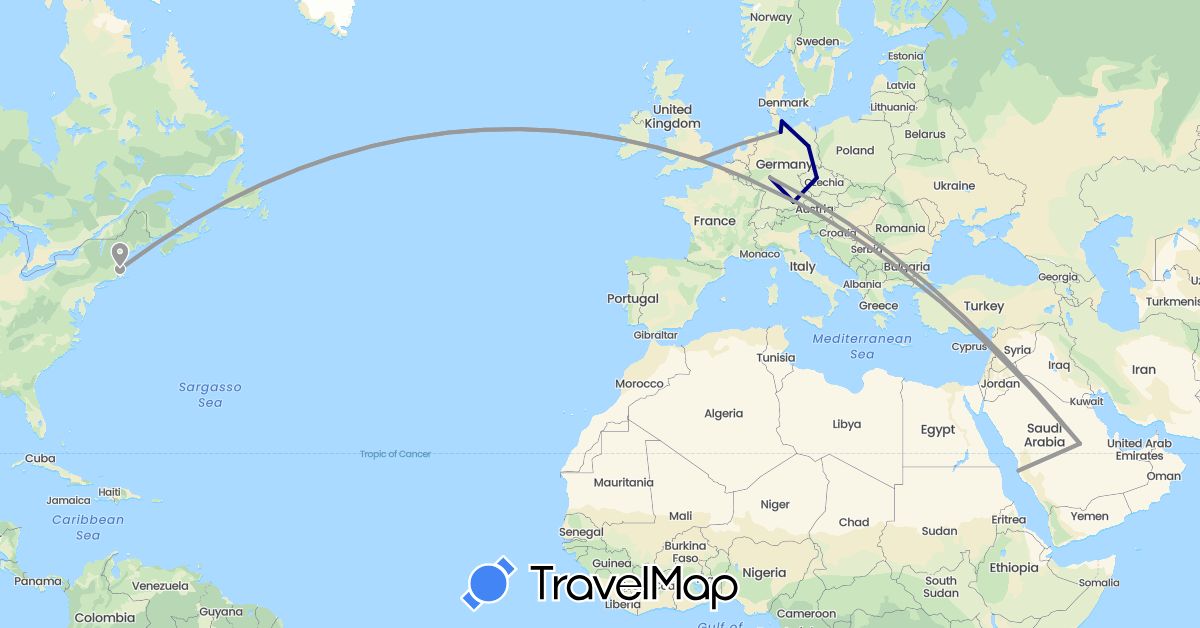 TravelMap itinerary: driving, plane in Czech Republic, Germany, United Kingdom, Saudi Arabia, United States (Asia, Europe, North America)